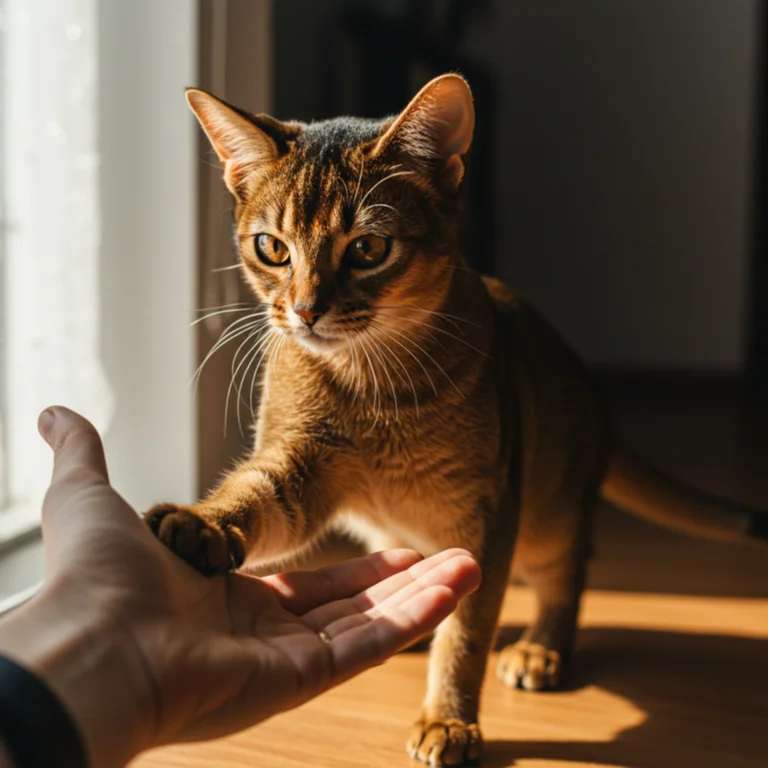 Abyssinian cat greeting owner