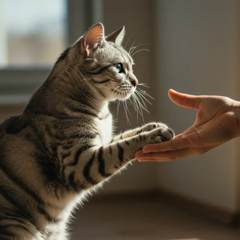 American Shorthair cat greeting owner
