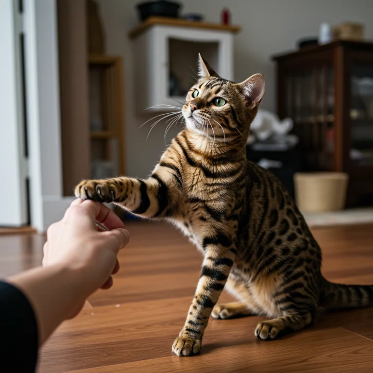 A bengal cat playing with its owner