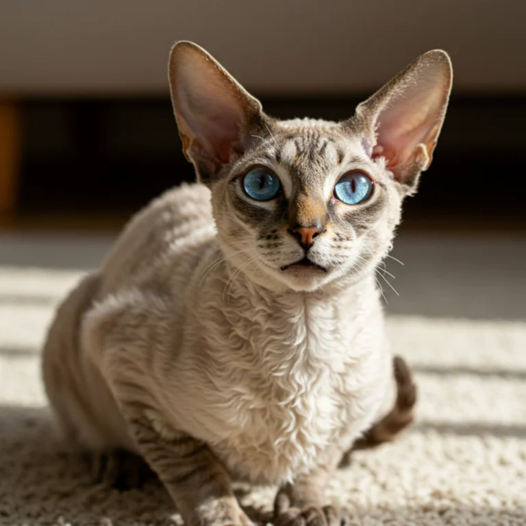 Cornish Rex cat sitting on carpet