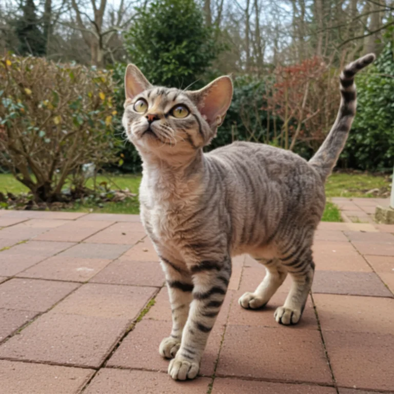 Devon Rex cat outside looking upwards