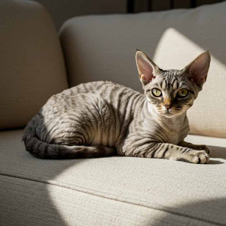 Devon Rex cat sitting on sofa