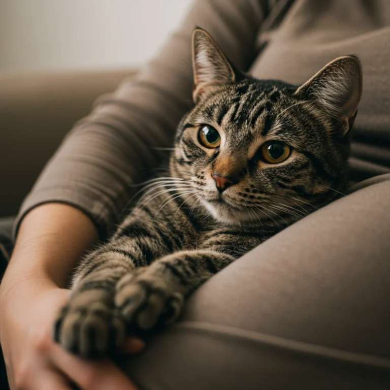 Domestic Shorthair cat sitting on owner's lap