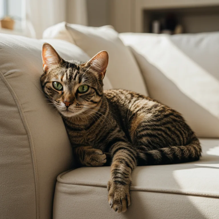 Domestic Shorthair cat laying on sofa