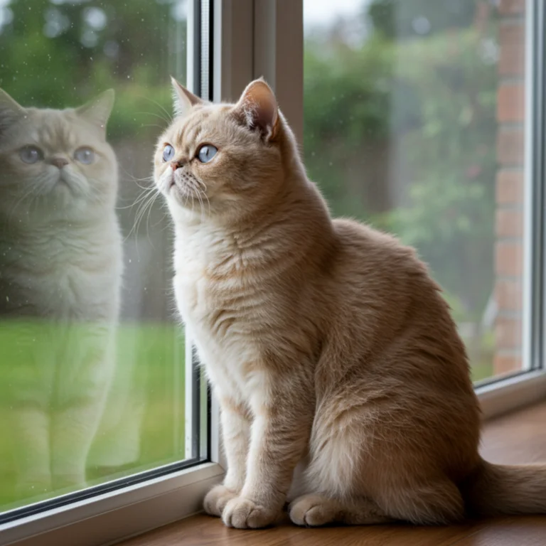 Exotic Shorthair looking out a window