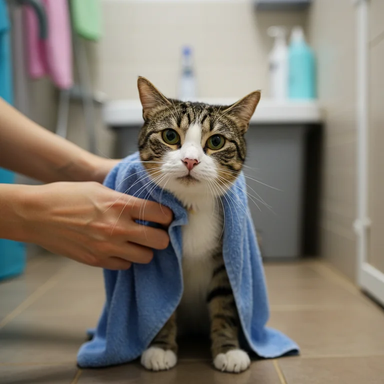 Drying a cat after a quick bath