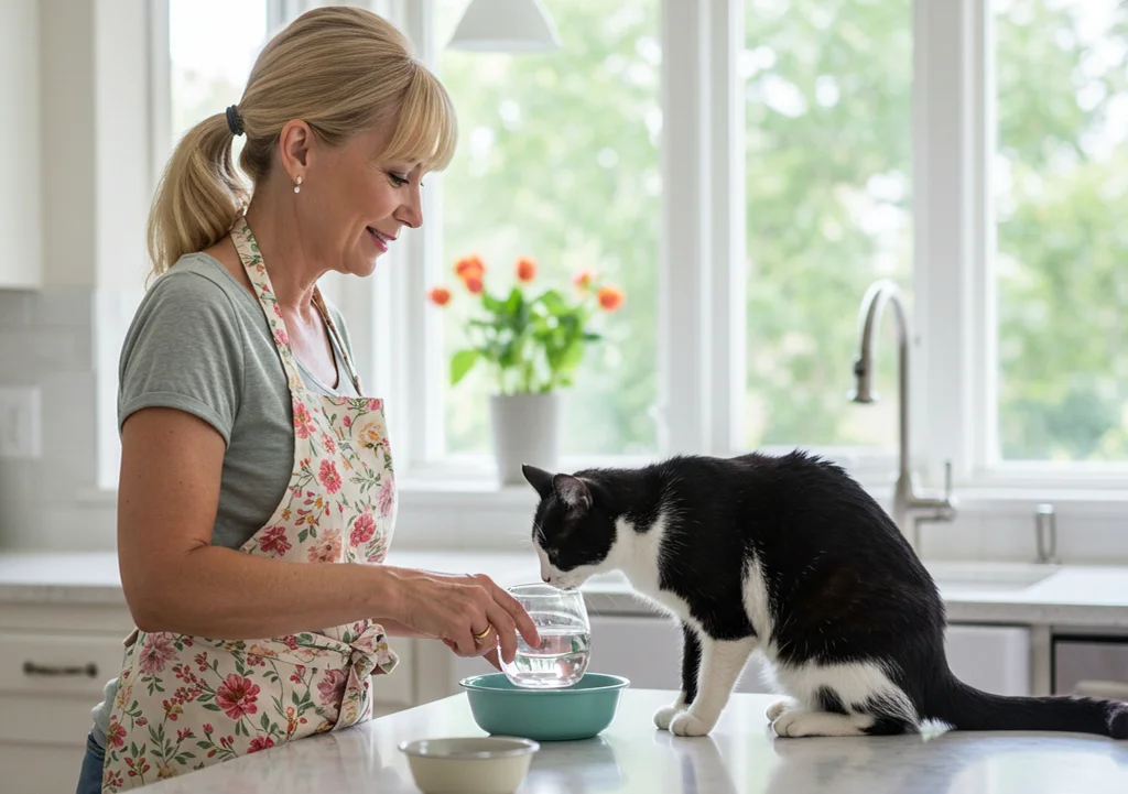 A proud cat owner giving care to her cat