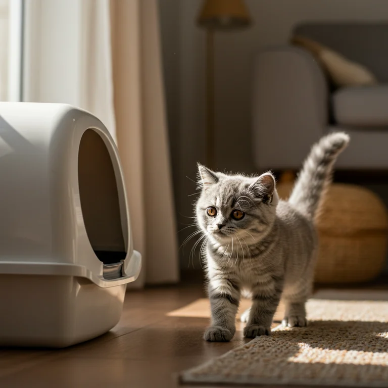 A British Shorthair kitten investigating its litter box