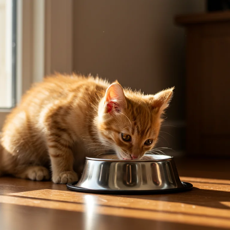 A Domestic Shorthair kitten feeding from its bowl