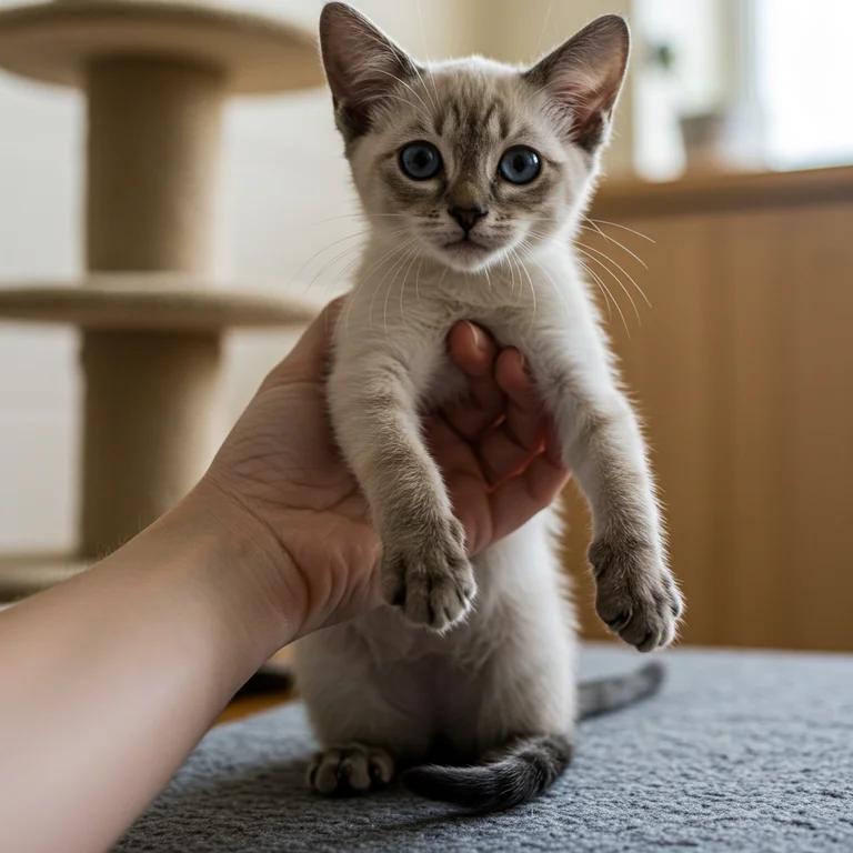 A Siamese kitten playing with its owner