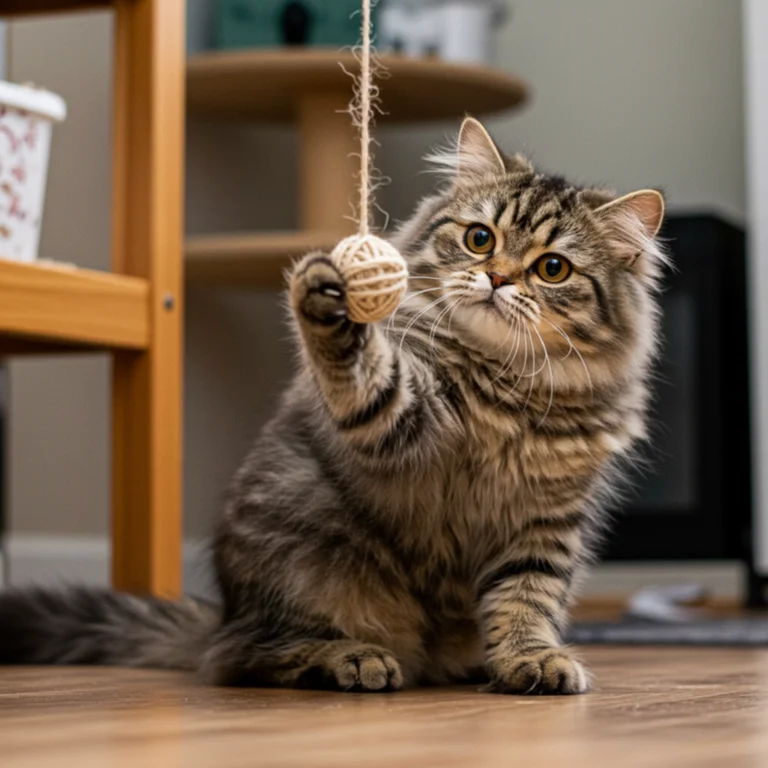 Persian cat playing with a string ball