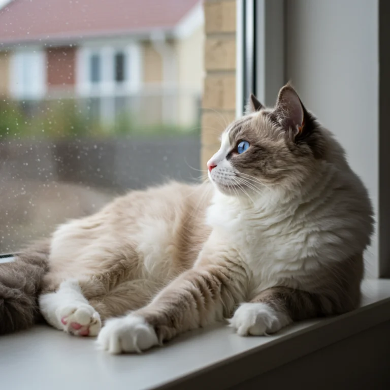 Ragdoll cat lying at a window