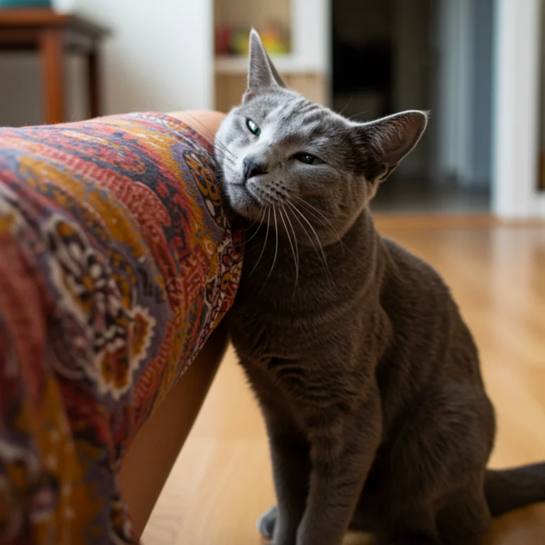 Russian Blue cat rubbing up against its owner