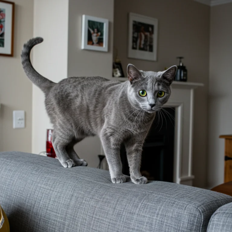 Russian Blue cat walking along a sofa