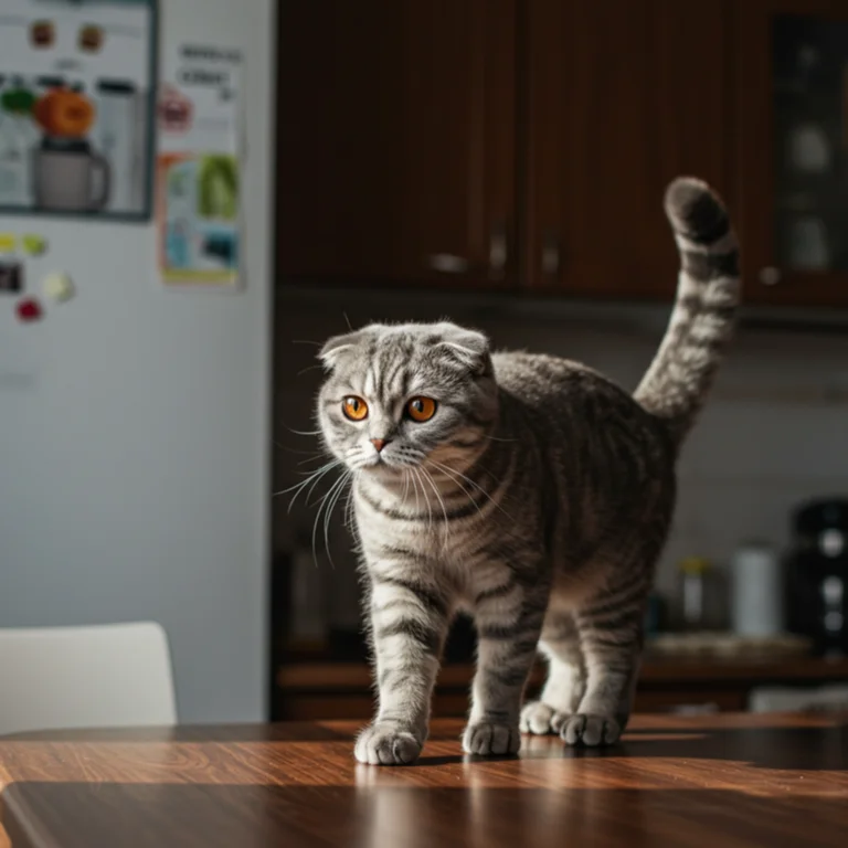 Scottish Fold cat walking across a table top