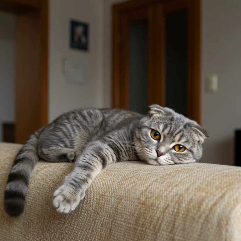 Scottish Fold cat laying on the sofa
