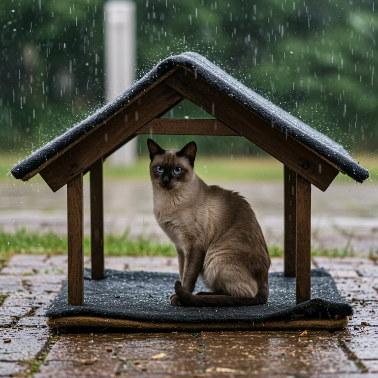 A cat sheltering from the rain