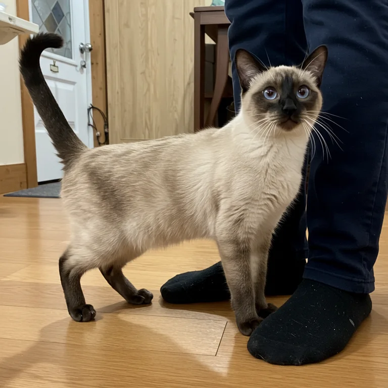 Siamese cat standing with its owner