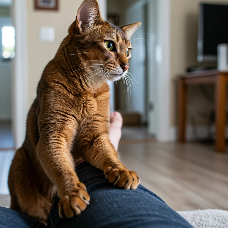Somali cat sitting on its owners lap