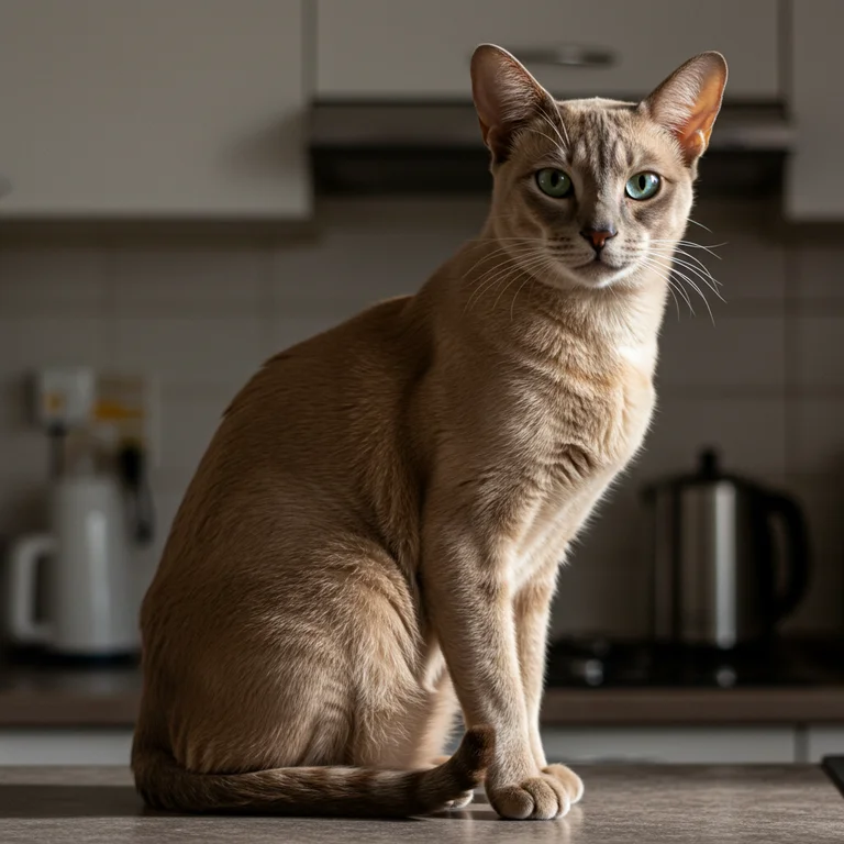 Toninese cat sitting on a kitchen top