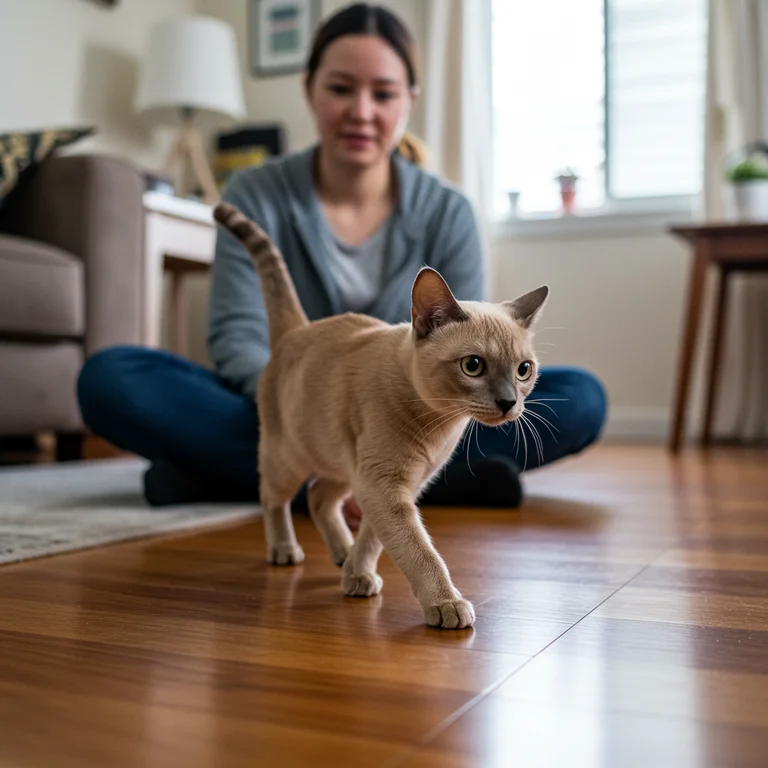 Tonkinese cat walking ahead of its owner
