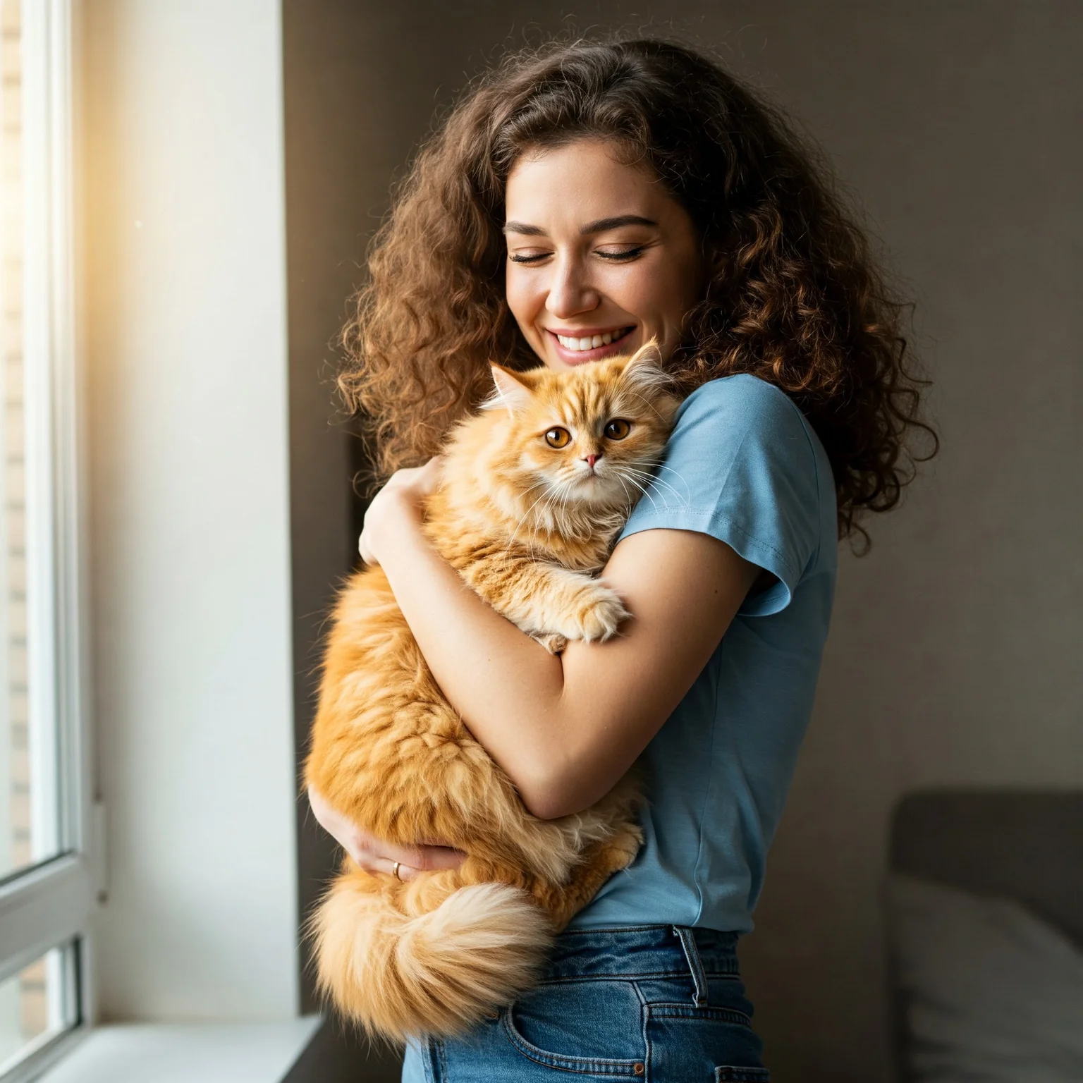 Happy cat owner hugging her cat